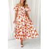 imagePRETTYGARDEN Womens 2025 Summer Boho Midi Dress Off Shoulder Puff Sleeve Print Smocked Ruffle Beach Long Flowy Dresses OrangeSmall