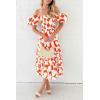 imagePRETTYGARDEN Womens 2025 Summer Boho Midi Dress Off Shoulder Puff Sleeve Print Smocked Ruffle Beach Long Flowy Dresses OrangeSmall