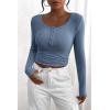imagePRETTYGARDEN Womens 2026 Fall Long Sleeve Henley T Shirts Button Ribbed Knit Slim Fit Basic Tops Blouse Casual OutfitsBlue Grey