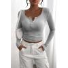 imagePRETTYGARDEN Womens 2026 Fall Long Sleeve Henley T Shirts Button Ribbed Knit Slim Fit Basic Tops Blouse Casual OutfitsGrey