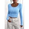 imagePRETTYGARDEN Womens 2026 Fall Long Sleeve Henley T Shirts Button Ribbed Knit Slim Fit Basic Tops Blouse Casual OutfitsLight Blue
