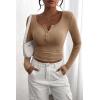 imagePRETTYGARDEN Womens 2026 Fall Long Sleeve Henley T Shirts Button Ribbed Knit Slim Fit Basic Tops Blouse Casual OutfitsLight Khaki