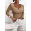 imagePRETTYGARDEN Womens 2026 Fall Long Sleeve Henley T Shirts Button Ribbed Knit Slim Fit Basic Tops Blouse Casual OutfitsLight Khaki