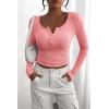 imagePRETTYGARDEN Womens 2026 Fall Long Sleeve Henley T Shirts Button Ribbed Knit Slim Fit Basic Tops Blouse Casual OutfitsPink