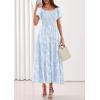 imagePRETTYGARDEN Womens 2026 Summer Boho Maxi Dresses Floral Short Sleeve Square Neck Smocked Flowy Long Dress Vacation OutfitsLight Blue