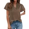 imagePRETTYGARDEN Womens 2026 Summer Satin Blouses Dressy Casual Ruffle Cap Sleeve V Neck Business Work Cute Tops Spring OutfitsBrown