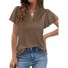 imagePRETTYGARDEN Womens 2026 Summer Satin Blouses Dressy Casual Ruffle Cap Sleeve V Neck Business Work Cute Tops Spring OutfitsBrown