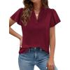imagePRETTYGARDEN Womens 2026 Summer Satin Blouses Dressy Casual Ruffle Cap Sleeve V Neck Business Work Cute Tops Spring OutfitsBurgundy