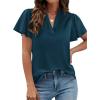 imagePRETTYGARDEN Womens 2026 Summer Satin Blouses Dressy Casual Ruffle Cap Sleeve V Neck Business Work Cute Tops Spring OutfitsDark Blue
