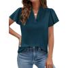 imagePRETTYGARDEN Womens 2026 Summer Satin Blouses Dressy Casual Ruffle Cap Sleeve V Neck Business Work Cute Tops Spring OutfitsDark Blue
