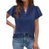 imagePRETTYGARDEN Womens 2026 Summer Satin Blouses Dressy Casual Ruffle Cap Sleeve V Neck Business Work Cute Tops Spring OutfitsNavy Blue