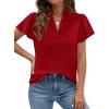 imagePRETTYGARDEN Womens 2026 Summer Satin Blouses Dressy Casual Ruffle Cap Sleeve V Neck Business Work Cute Tops Spring OutfitsRed