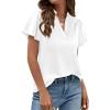 imagePRETTYGARDEN Womens 2026 Summer Satin Blouses Dressy Casual Ruffle Cap Sleeve V Neck Business Work Cute Tops Spring OutfitsWhite