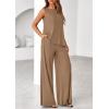 imagePRETTYGARDEN Womens 2026 Two Piece Matching Lounge Sets Asymmetrical Split Tank Tops Wide Leg Pants Summer Outfits TracksuitKhaki