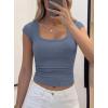 imagePRETTYGARDEN Womens Cap Sleeve T Shirts 2026 Square Neck Basic Tees Slim Fit Ribbed Knit Spring Going Out Tops Summer ClothesBlue Grey