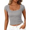 imagePRETTYGARDEN Womens Cap Sleeve T Shirts 2026 Square Neck Basic Tees Slim Fit Ribbed Knit Spring Going Out Tops Summer ClothesGrey