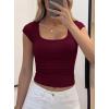 imagePRETTYGARDEN Womens Cap Sleeve T Shirts 2026 Square Neck Basic Tees Slim Fit Ribbed Knit Spring Going Out Tops Summer ClothesWine Red