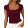 imagePRETTYGARDEN Womens Cap Sleeve T Shirts 2026 Square Neck Basic Tees Slim Fit Ribbed Knit Spring Going Out Tops Summer ClothesWine Red