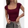 imagePRETTYGARDEN Womens Cap Sleeve T Shirts 2026 Square Neck Basic Tees Slim Fit Ribbed Knit Spring Going Out Tops Summer ClothesWine Red