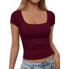 imagePRETTYGARDEN Womens Cap Sleeve T Shirts 2026 Square Neck Basic Tees Slim Fit Ribbed Knit Spring Going Out Tops Summer ClothesWine Red
