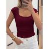 imagePRETTYGARDEN Womens Cap Sleeve T Shirts 2026 Square Neck Basic Tees Slim Fit Ribbed Knit Spring Going Out Tops Summer ClothesWine Red