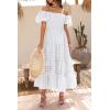 imagePRETTYGARDEN Womens Casual Summer Dress Puffy Short Sleeve Square Neck Smocked Tiered A Line Maxi Long DressesPlaid Beige White