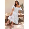 imagePRETTYGARDEN Womens Casual Summer Dress Puffy Short Sleeve Square Neck Smocked Tiered A Line Maxi Long DressesPlaid Beige White