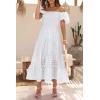 imagePRETTYGARDEN Womens Casual Summer Dress Puffy Short Sleeve Square Neck Smocked Tiered A Line Maxi Long DressesPlaid Beige White