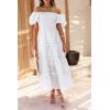 imagePRETTYGARDEN Womens Casual Summer Dress Puffy Short Sleeve Square Neck Smocked Tiered A Line Maxi Long DressesPlaid Beige White