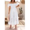 imagePRETTYGARDEN Womens Casual Summer Dress Puffy Short Sleeve Square Neck Smocked Tiered A Line Maxi Long DressesPlaid Beige White