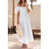 imagePRETTYGARDEN Womens Casual Summer Dress Puffy Short Sleeve Square Neck Smocked Tiered A Line Maxi Long DressesPlaid Beige White