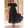 imagePRETTYGARDEN Womens Casual Summer Dress Puffy Short Sleeve Square Neck Smocked Tiered A Line Maxi Long DressesPlaid Black