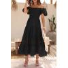 imagePRETTYGARDEN Womens Casual Summer Dress Puffy Short Sleeve Square Neck Smocked Tiered A Line Maxi Long DressesPlaid Black