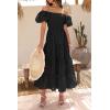 imagePRETTYGARDEN Womens Casual Summer Dress Puffy Short Sleeve Square Neck Smocked Tiered A Line Maxi Long DressesPlaid Black