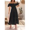 imagePRETTYGARDEN Womens Casual Summer Dress Puffy Short Sleeve Square Neck Smocked Tiered A Line Maxi Long DressesPlaid Black