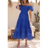 imagePRETTYGARDEN Womens Casual Summer Dress Puffy Short Sleeve Square Neck Smocked Tiered A Line Maxi Long DressesPlaid Blue