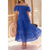 imagePRETTYGARDEN Womens Casual Summer Dress Puffy Short Sleeve Square Neck Smocked Tiered A Line Maxi Long DressesPlaid Blue