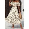imagePRETTYGARDEN Womens Casual Summer Dress Puffy Short Sleeve Square Neck Smocked Tiered A Line Maxi Long DressesPrint Apricot