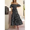 imagePRETTYGARDEN Womens Casual Summer Dress Puffy Short Sleeve Square Neck Smocked Tiered A Line Maxi Long DressesPrint Black