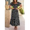 imagePRETTYGARDEN Womens Casual Summer Dress Puffy Short Sleeve Square Neck Smocked Tiered A Line Maxi Long DressesPrint Black