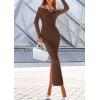 imagePRETTYGARDEN Womens Fall Sweater Dress 2026 Long Sleeve Off Shoulder Slit Maxi Bodycon Cocktail Party Dresses Spring FashionDark Brown