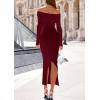 imagePRETTYGARDEN Womens Fall Sweater Dress 2026 Long Sleeve Off Shoulder Slit Maxi Bodycon Cocktail Party Dresses Spring FashionWine Red