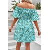 imagePRETTYGARDEN Womens Off The Shoulder Babydoll Dress Short Puff Sleeve Casual A Line Ruffle Summer Dresses Floral Dark GreenXLarge