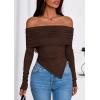 imagePRETTYGARDEN Womens Off The Shoulder Tops Spring Fashion 2026 Long Sleeve Shirts Going Out Slim Fitted Blouses Fall ClothesBrown