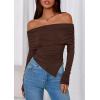 imagePRETTYGARDEN Womens Off The Shoulder Tops Spring Fashion 2026 Long Sleeve Shirts Going Out Slim Fitted Blouses Fall ClothesBrown
