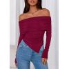 imagePRETTYGARDEN Womens Off The Shoulder Tops Spring Fashion 2026 Long Sleeve Shirts Going Out Slim Fitted Blouses Fall ClothesBurgundy
