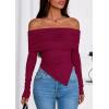 imagePRETTYGARDEN Womens Off The Shoulder Tops Spring Fashion 2026 Long Sleeve Shirts Going Out Slim Fitted Blouses Fall ClothesBurgundy