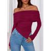 imagePRETTYGARDEN Womens Off The Shoulder Tops Spring Fashion 2026 Long Sleeve Shirts Going Out Slim Fitted Blouses Fall ClothesBurgundy