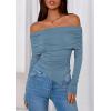 imagePRETTYGARDEN Womens Off The Shoulder Tops Spring Fashion 2026 Long Sleeve Shirts Going Out Slim Fitted Blouses Fall ClothesGrey Blue