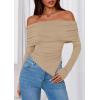 imagePRETTYGARDEN Womens Off The Shoulder Tops Spring Fashion 2026 Long Sleeve Shirts Going Out Slim Fitted Blouses Fall ClothesKhaki